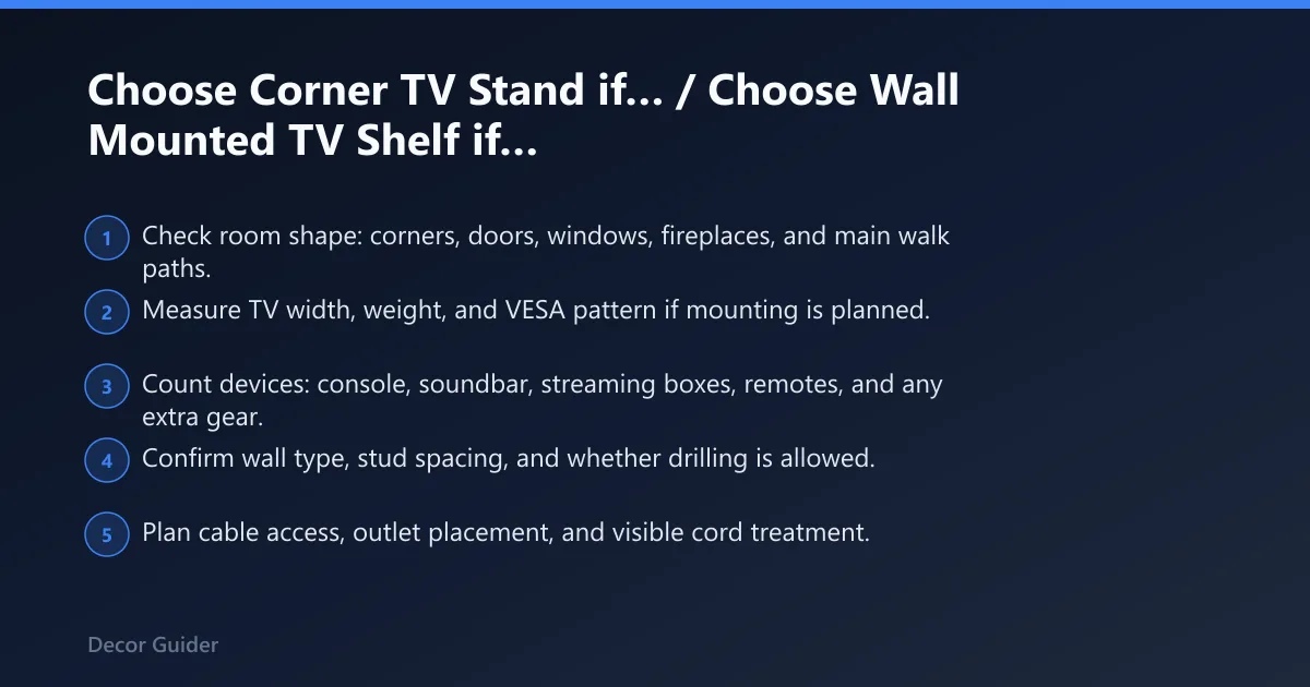 Steps: Choose Corner TV Stand if… / Choose Wall Mounted TV Shelf if…