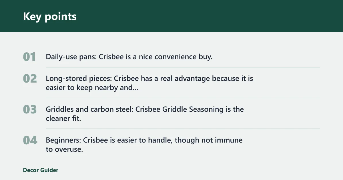 Key points: Cast iron seasoning decision matrix