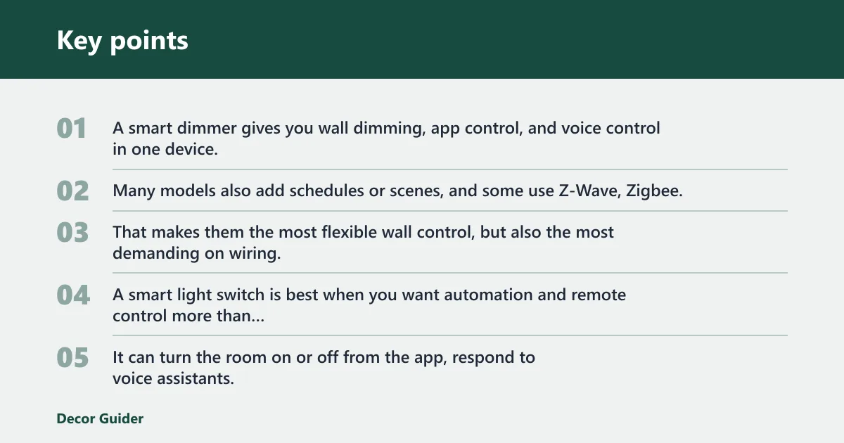 Key points: Smart dimmers, smart switches, and traditional dimmers