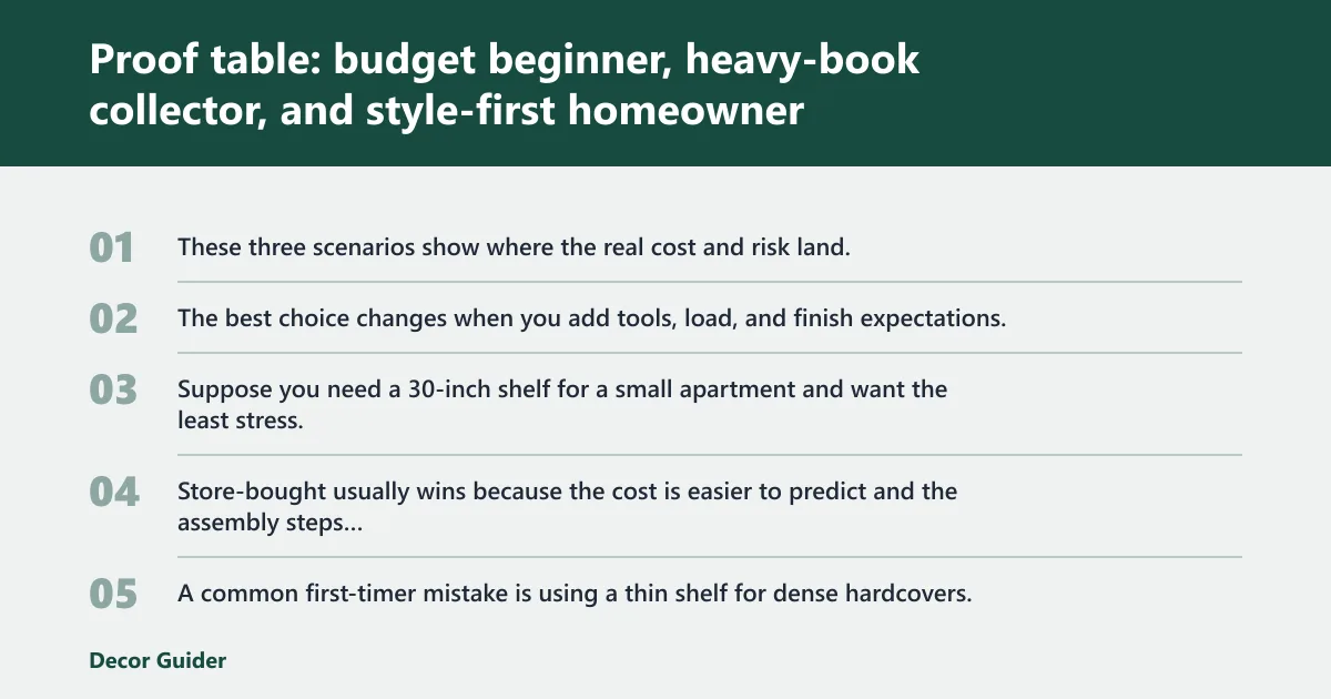 Steps: Proof table: budget beginner, heavy-book collector, and style-first homeowner