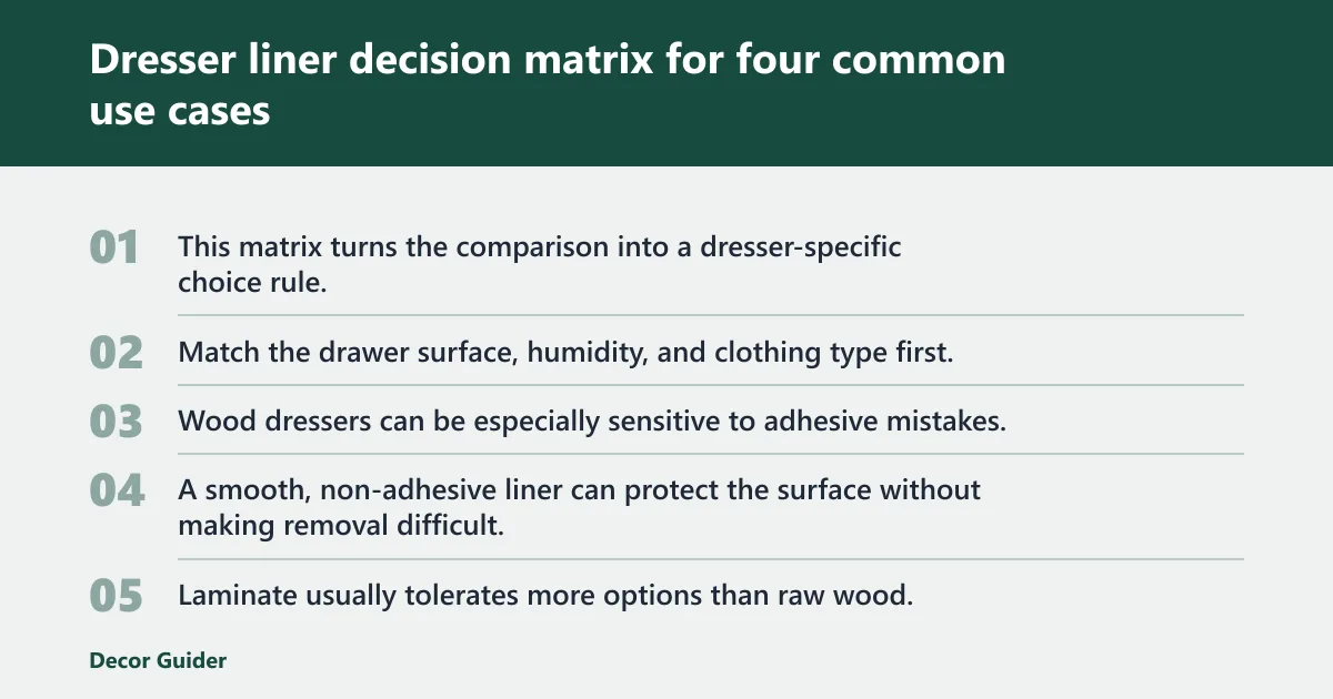 Steps: Dresser liner decision matrix for four common use cases
