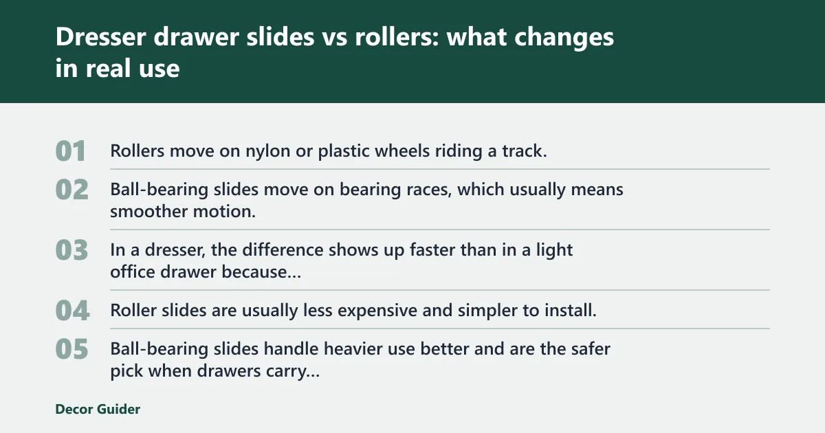 Steps: Dresser drawer slides vs rollers: what changes in real use