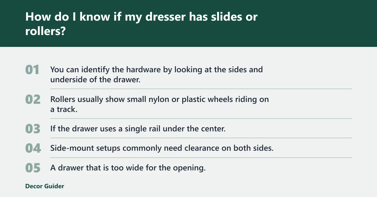 Steps: How do I know if my dresser has slides or rollers?