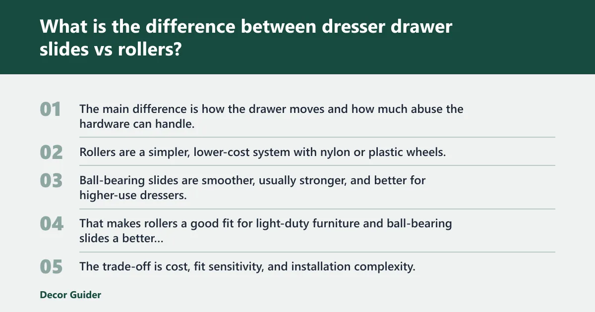 Steps: What is the difference between dresser drawer slides vs rollers?