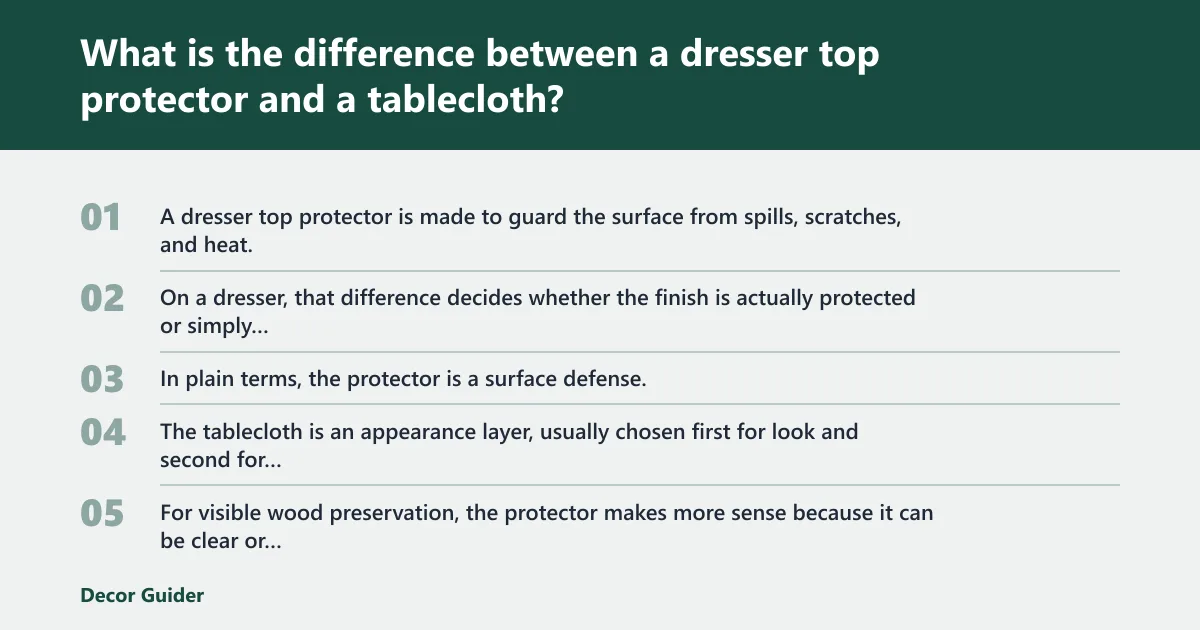 Steps: What is the difference between a dresser top protector and a tablecloth?