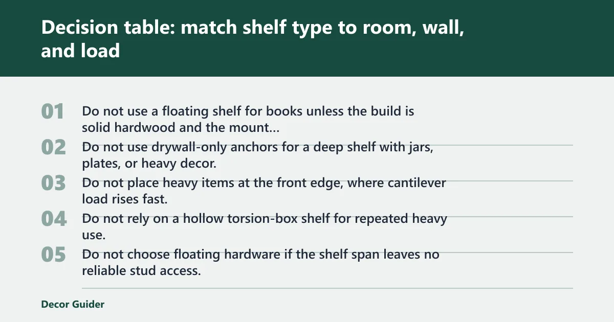 Steps: Decision table: match shelf type to room, wall, and load