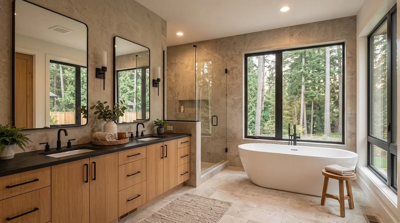 Hampton Bay vanity light above a bathroom mirror with natural daylight and a clean sink below