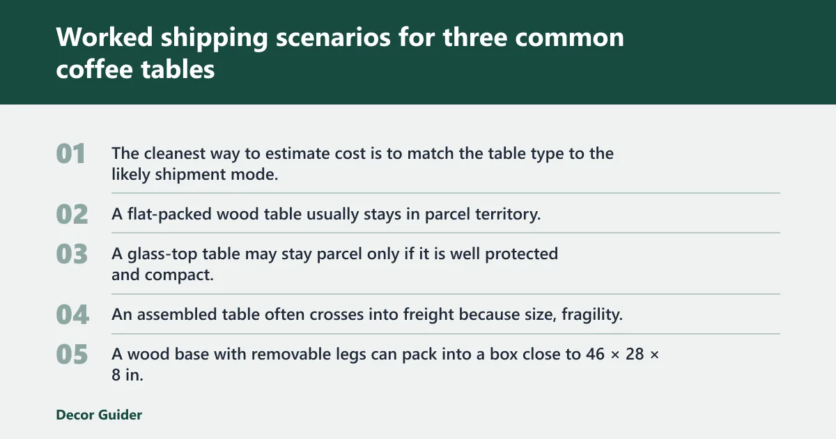 Steps: Worked shipping scenarios for three common coffee tables
