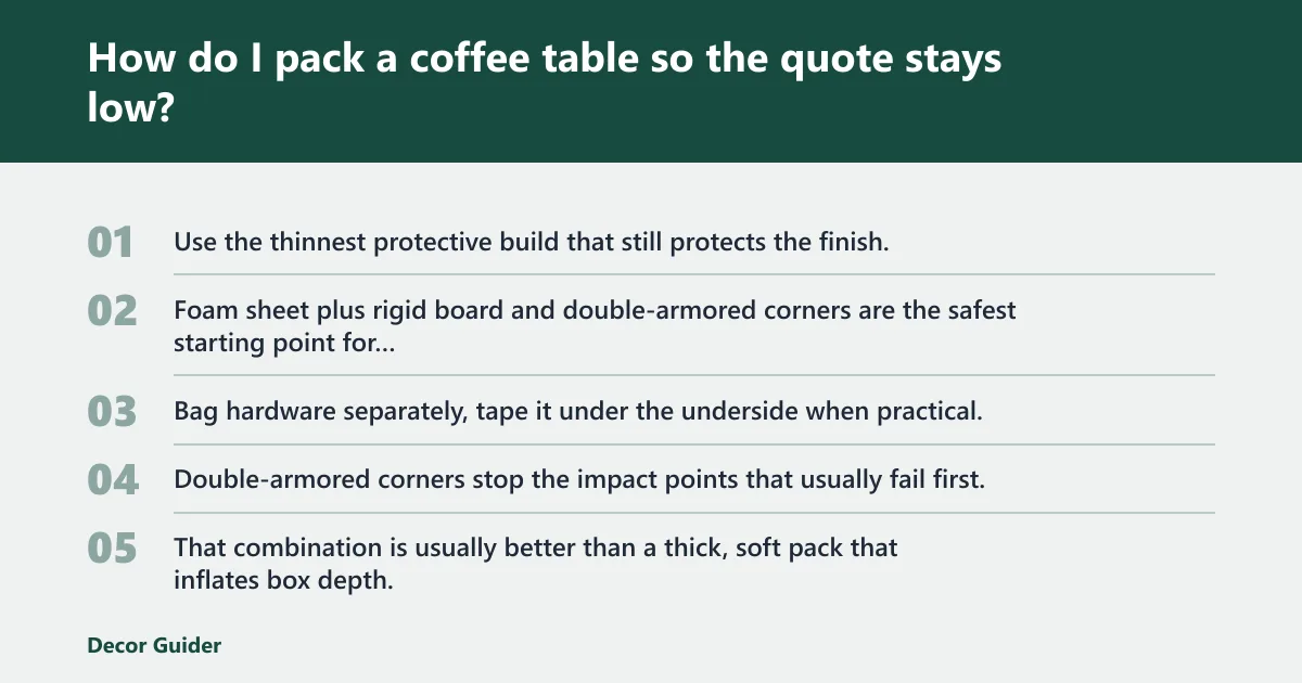 Steps: How do I pack a coffee table so the quote stays low?