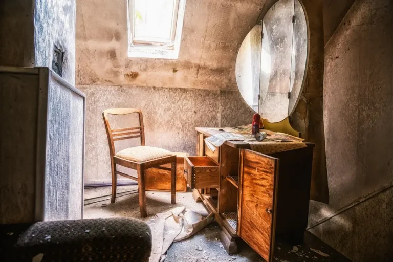 A dresser mirror leaning beside a bedroom dresser in natural light