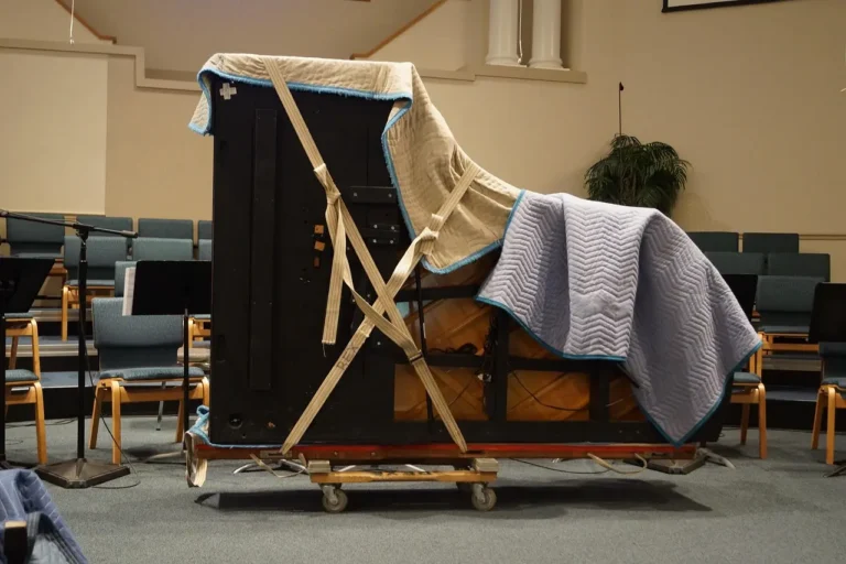 Two movers carrying a sofa with furniture moving straps in a bright apartment hallway