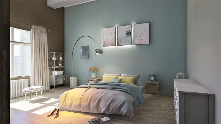 A new dresser in a bright bedroom beside a bed and lamp, with natural light from a window.