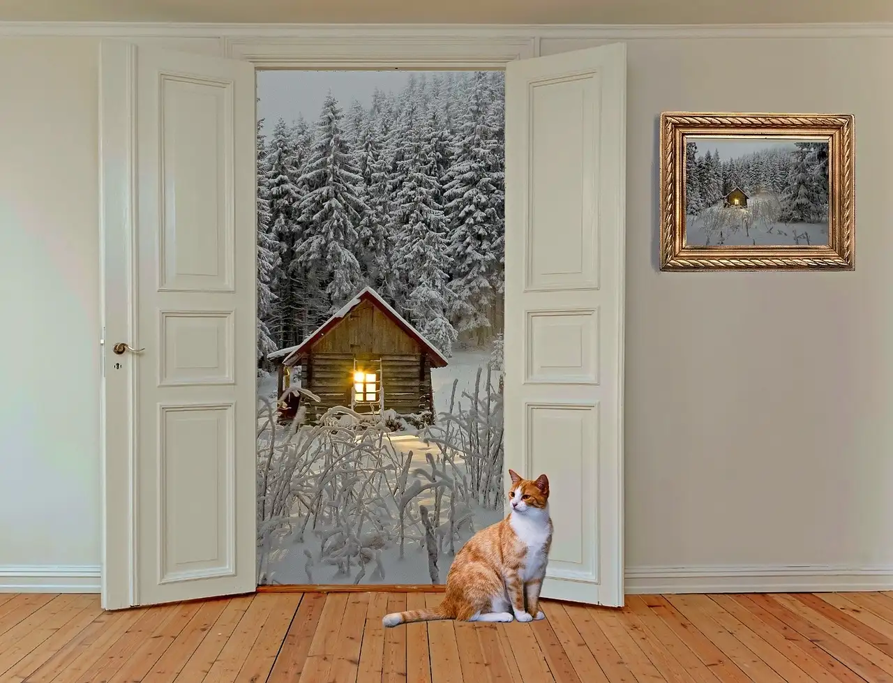 Homeowner testing a sticking front door near the hinges in a winter entryway
