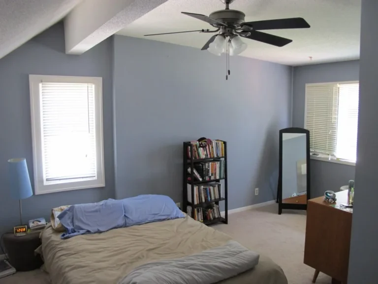 Hunter ceiling fan above a bright living room with sofa, windows, and natural daylight