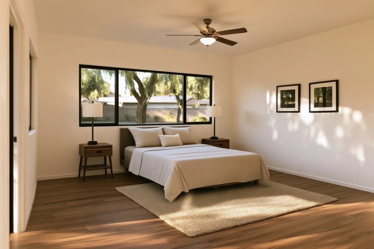 A modern living room with an IKEA ceiling fan mounted above a sofa in natural daylight.