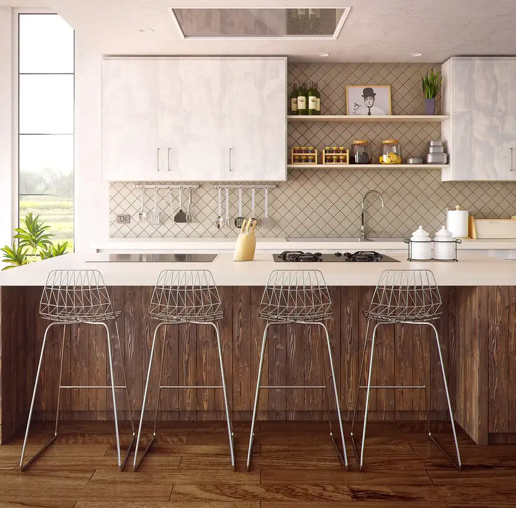 Inset cabinet doors and overlay cabinet doors displayed side by side in a bright kitchen showroom.