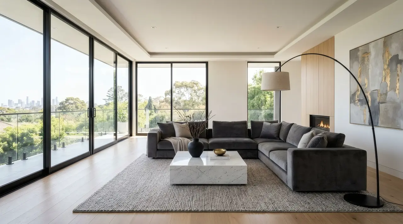 Linsy Home sectional in a small living room with storage ottoman and stacked boxes nearby