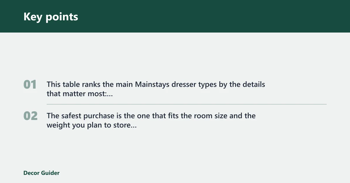 Key points: Mainstays dresser comparison table