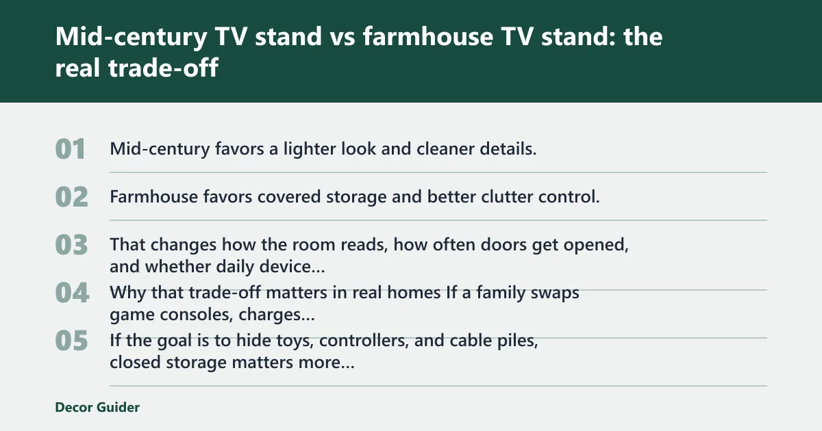 Steps: Mid-century TV stand vs farmhouse TV stand: the real trade-off