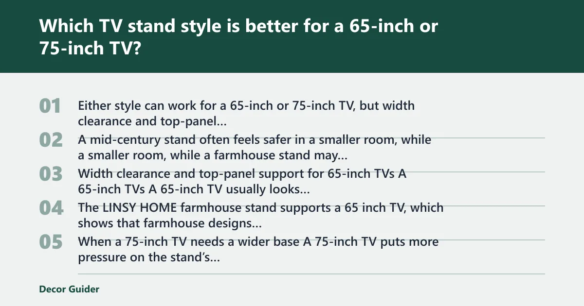 Steps: Which TV stand style is better for a 65-inch or 75-inch TV?