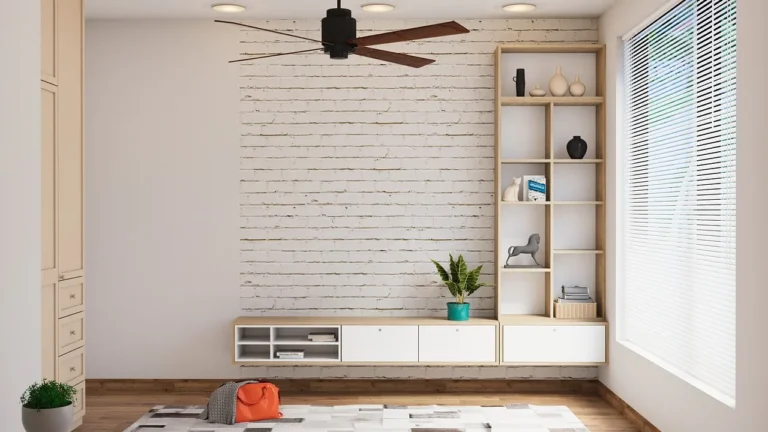 Modern Forms ceiling fan above a bright modern living room with minimalist furniture