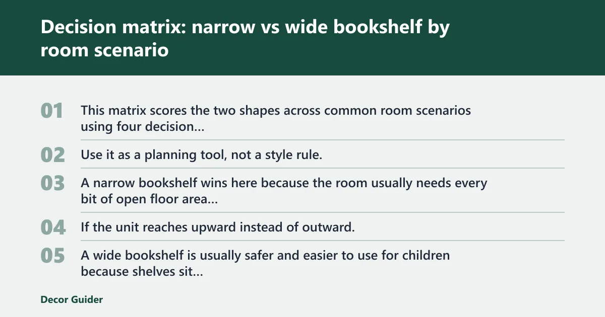 Steps: Decision matrix: narrow vs wide bookshelf by room scenario