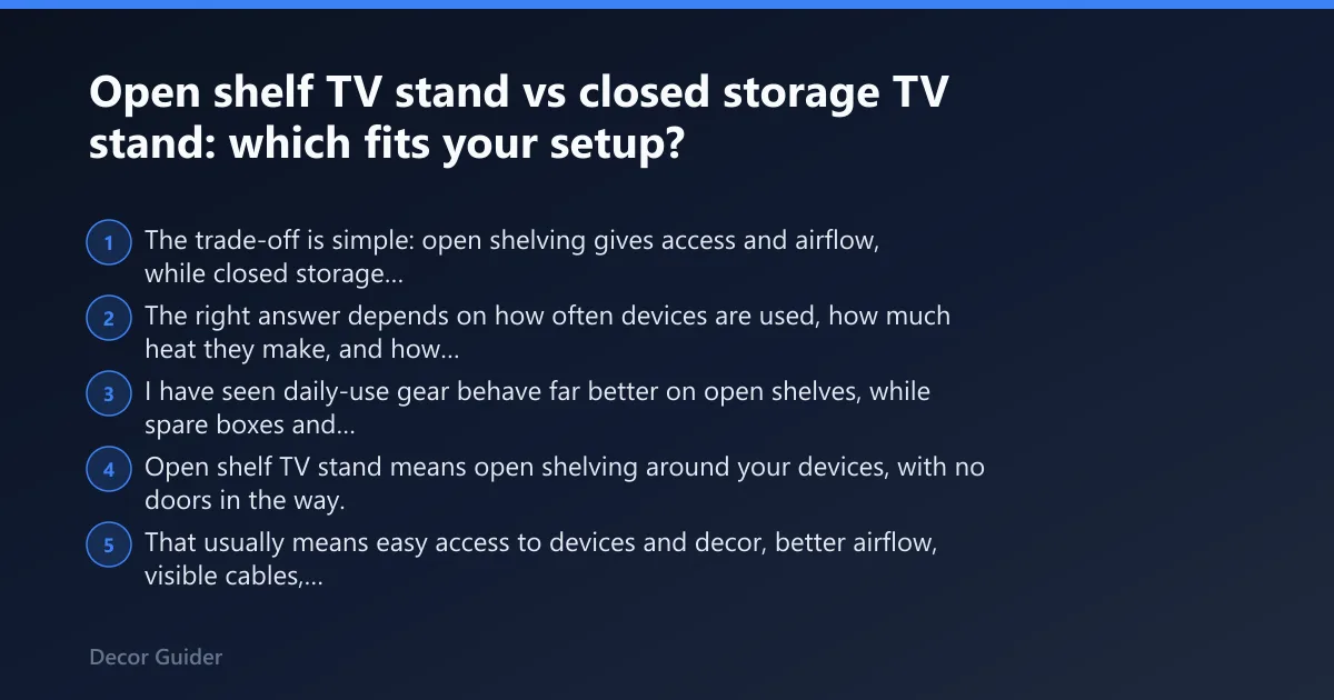 Steps: Open shelf TV stand vs closed storage TV stand: which fits your setup?