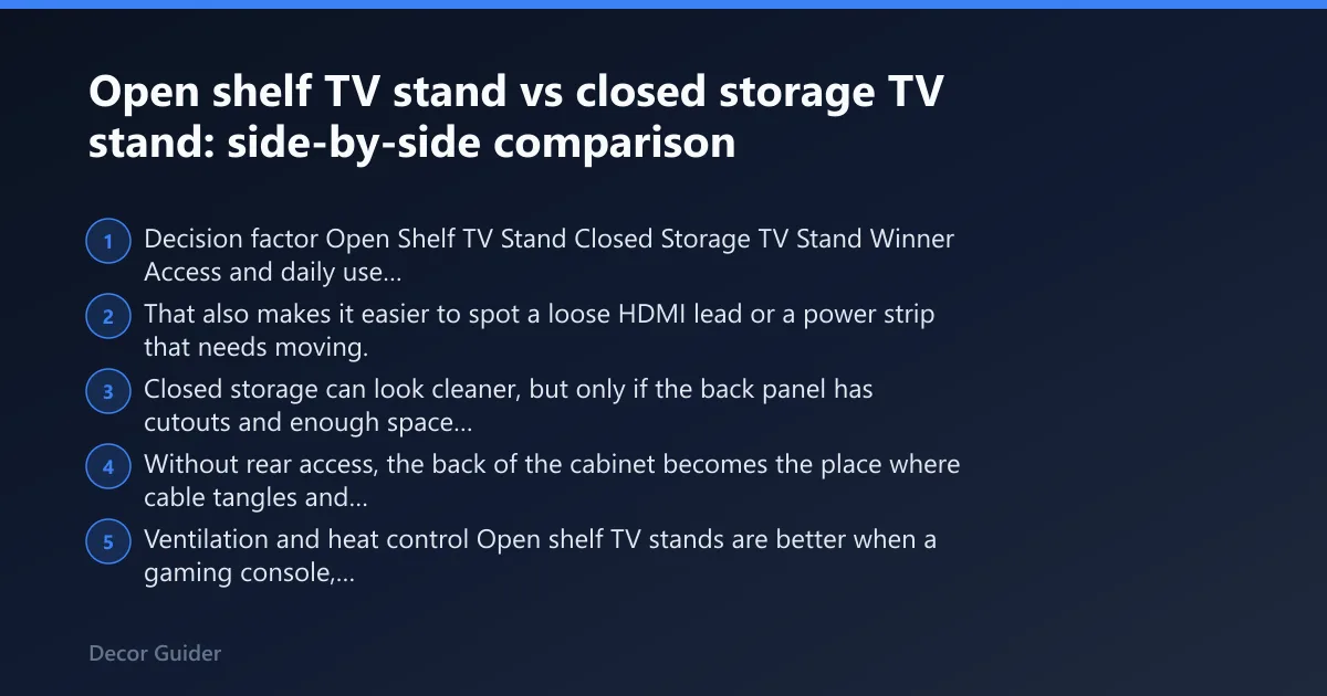 Steps: Open shelf TV stand vs closed storage TV stand: side-by-side comparison