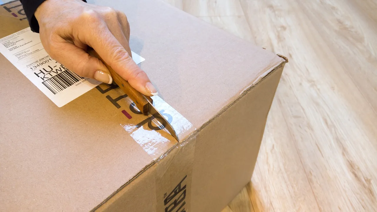 Household goods packed beside a flat rate box and shipping scale on a dining table