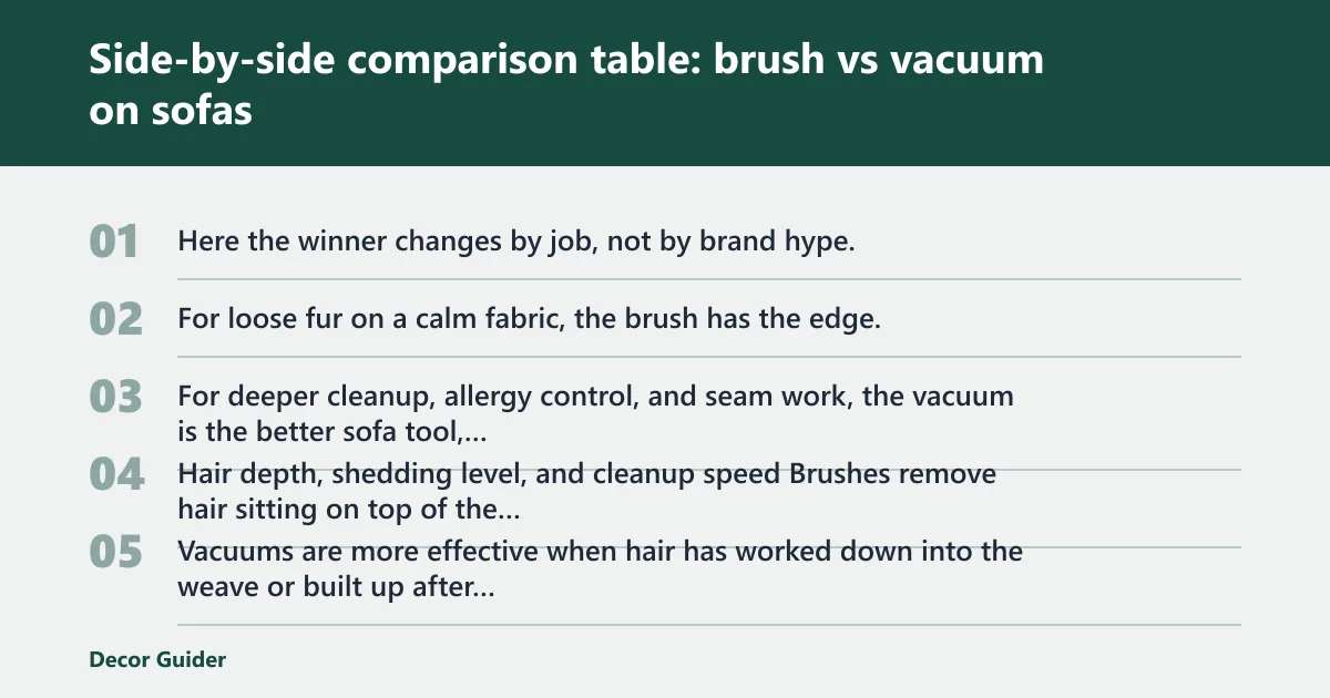 Steps: Side-by-side comparison table: brush vs vacuum on sofas