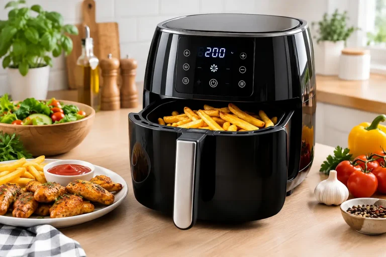 Philips Air Fryer on a Ramadan iftar counter with samosas, falafel, dates, and dip in natural light