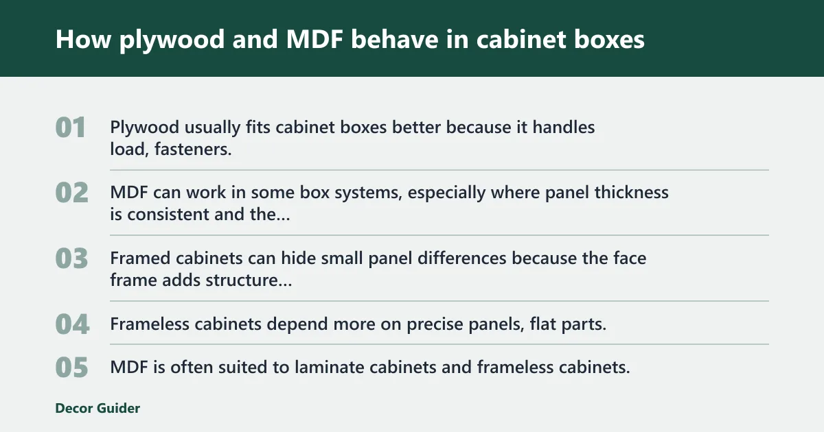 Steps: How plywood and MDF behave in cabinet boxes