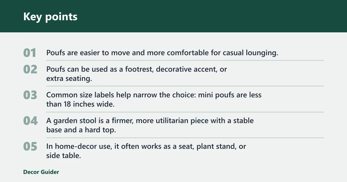 Key points: Pouf vs garden stool: the core trade-off