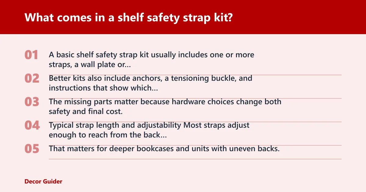 Steps: What comes in a shelf safety strap kit?