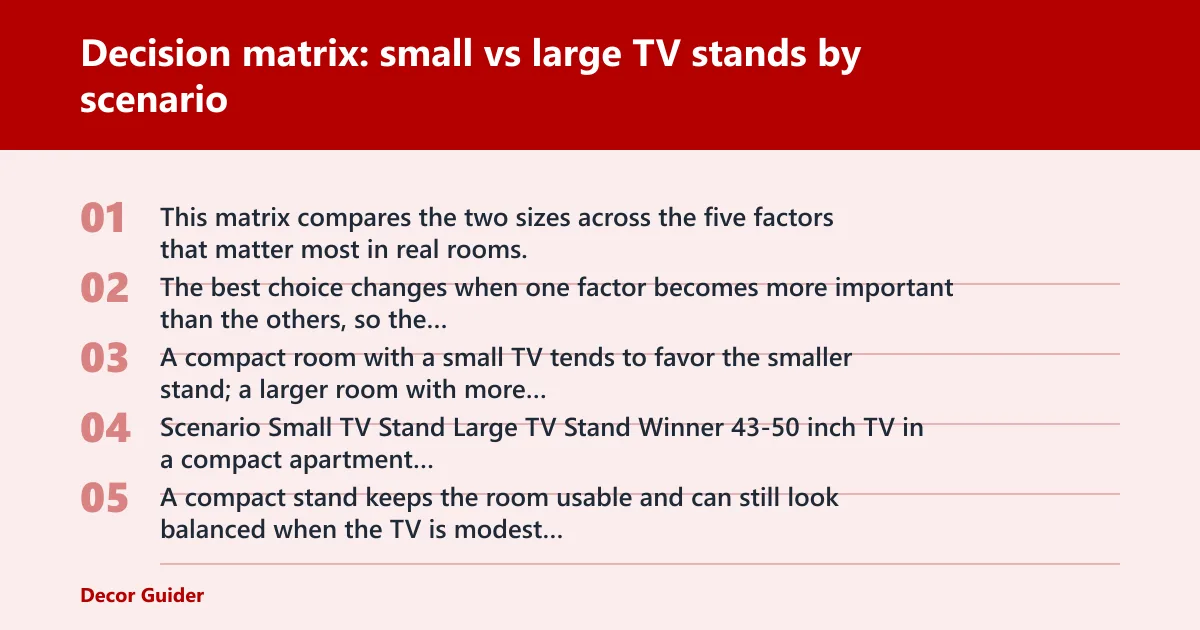 Steps: Decision matrix: small vs large TV stands by scenario