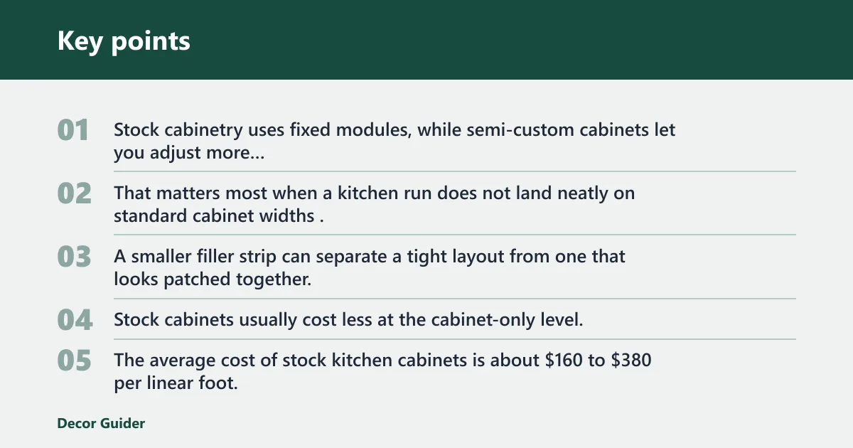 Key points: Stock cabinets vs semi-custom cabinets: the real trade-off