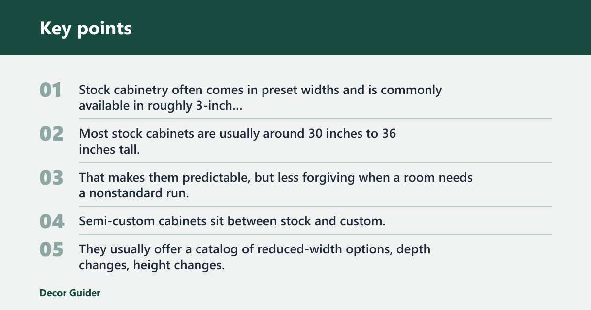 Key points: What is the difference between stock, semi-custom, and custom cabinets?