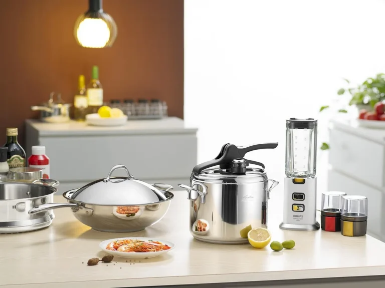 Tramontina stainless steel cookware arranged beside a thermometer and induction cooktop in a bright kitchen