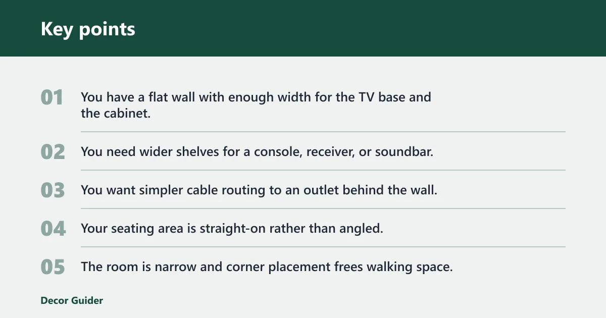 Key points: Choose TV stand if… / Choose corner TV cabinet if…
