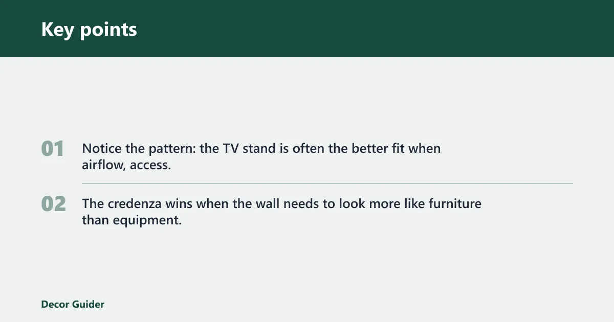 Key points: TV stand decision matrix