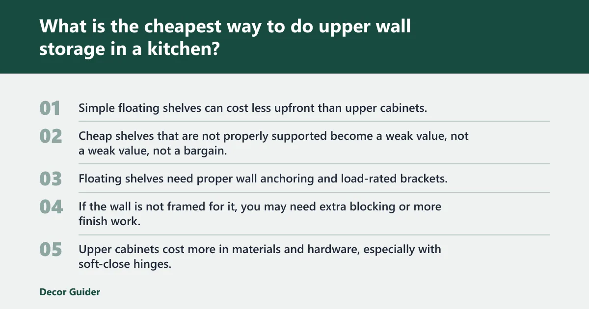 Steps: What is the cheapest way to do upper wall storage in a kitchen?