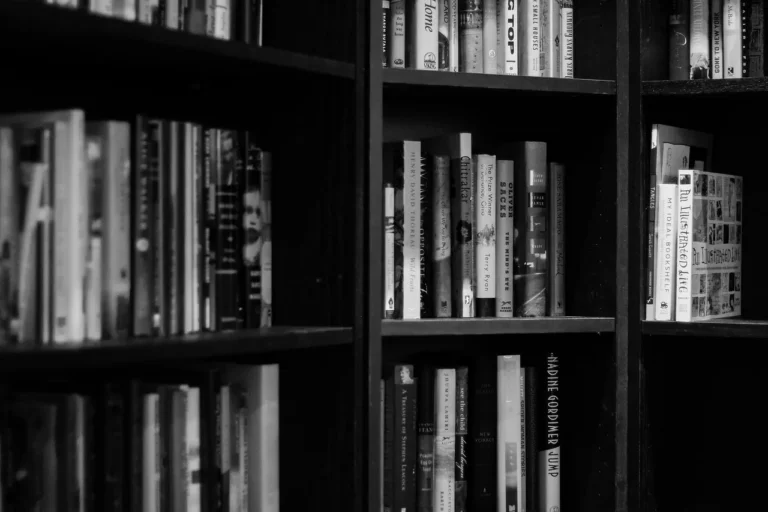 Walker Edison bookshelf in a bright home office beside a desk with books and decor