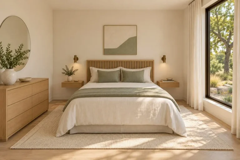 Walker Edison dresser in a bright bedroom with folded clothes and a lamp nearby