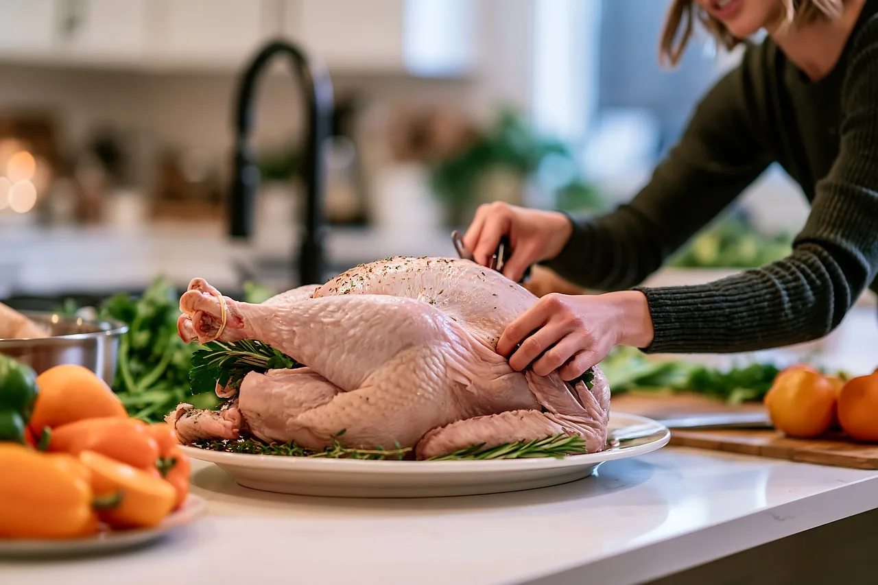 Turkey in a roasting pan beside a measuring tape on a kitchen counter