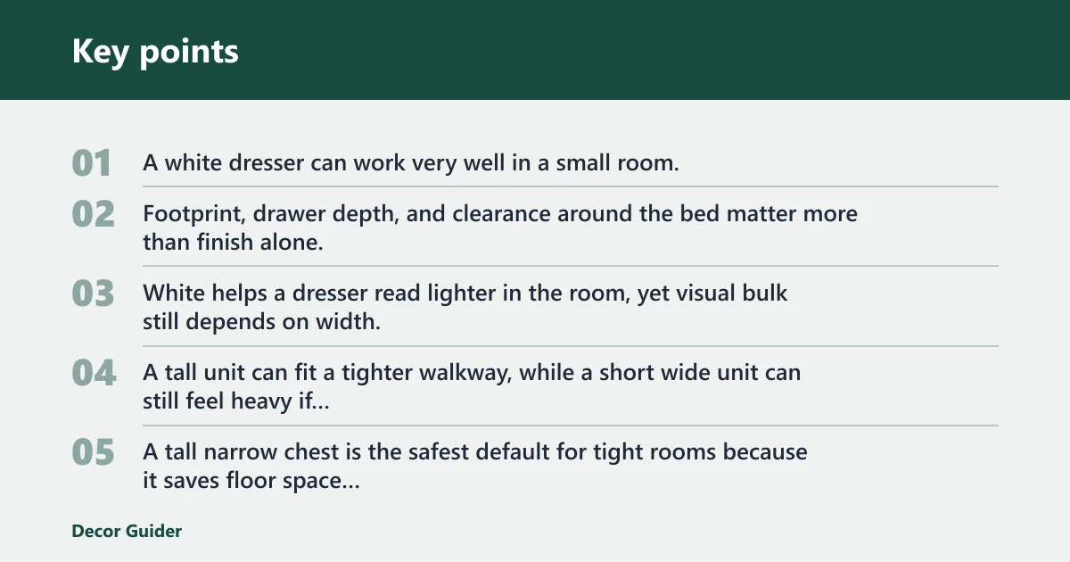 Key points: Verdict on white dressers for small bedrooms