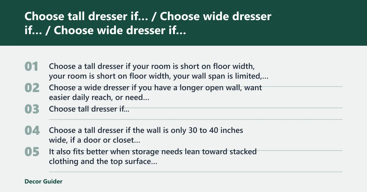Steps: Choose tall dresser if… / Choose wide dresser if…