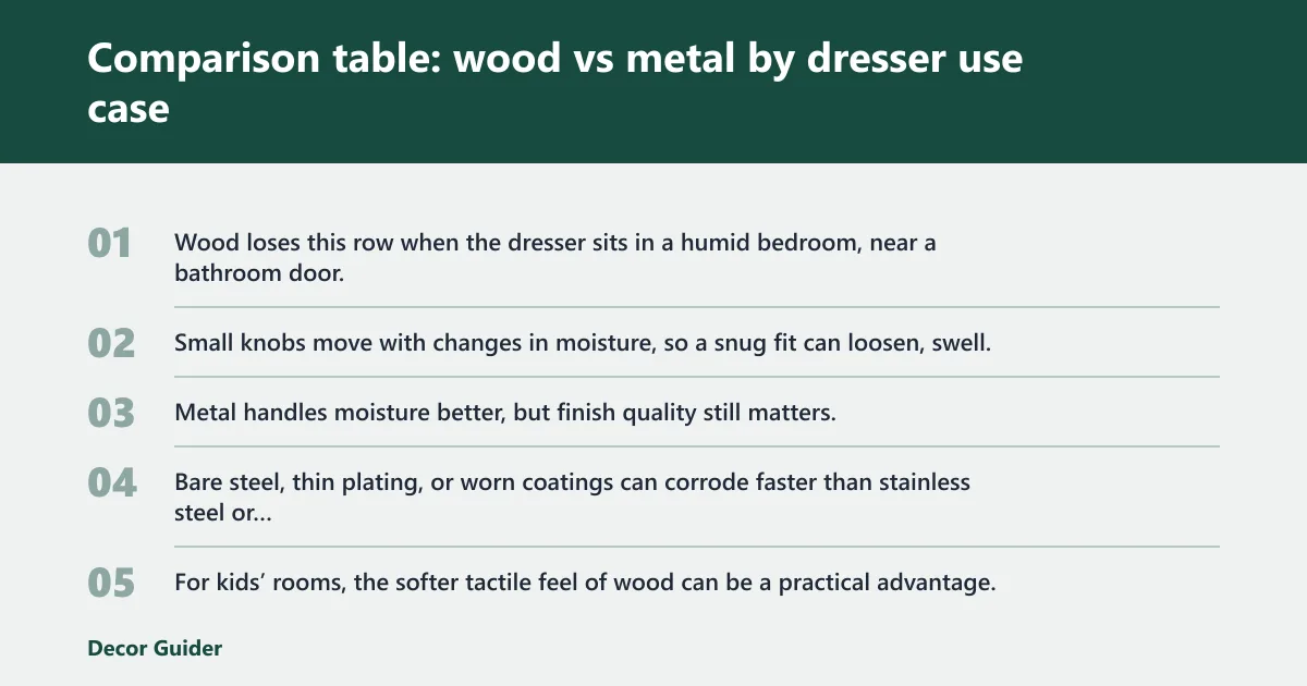Steps: Comparison table: wood vs metal by dresser use case