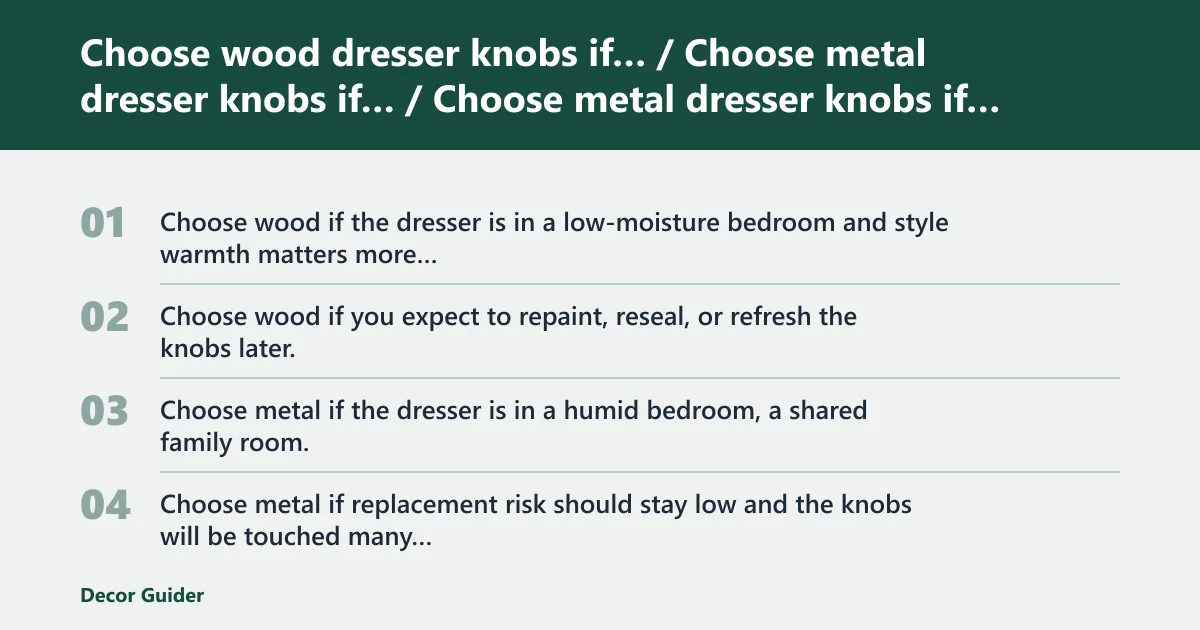 Steps: Choose wood dresser knobs if… / Choose metal dresser knobs if…